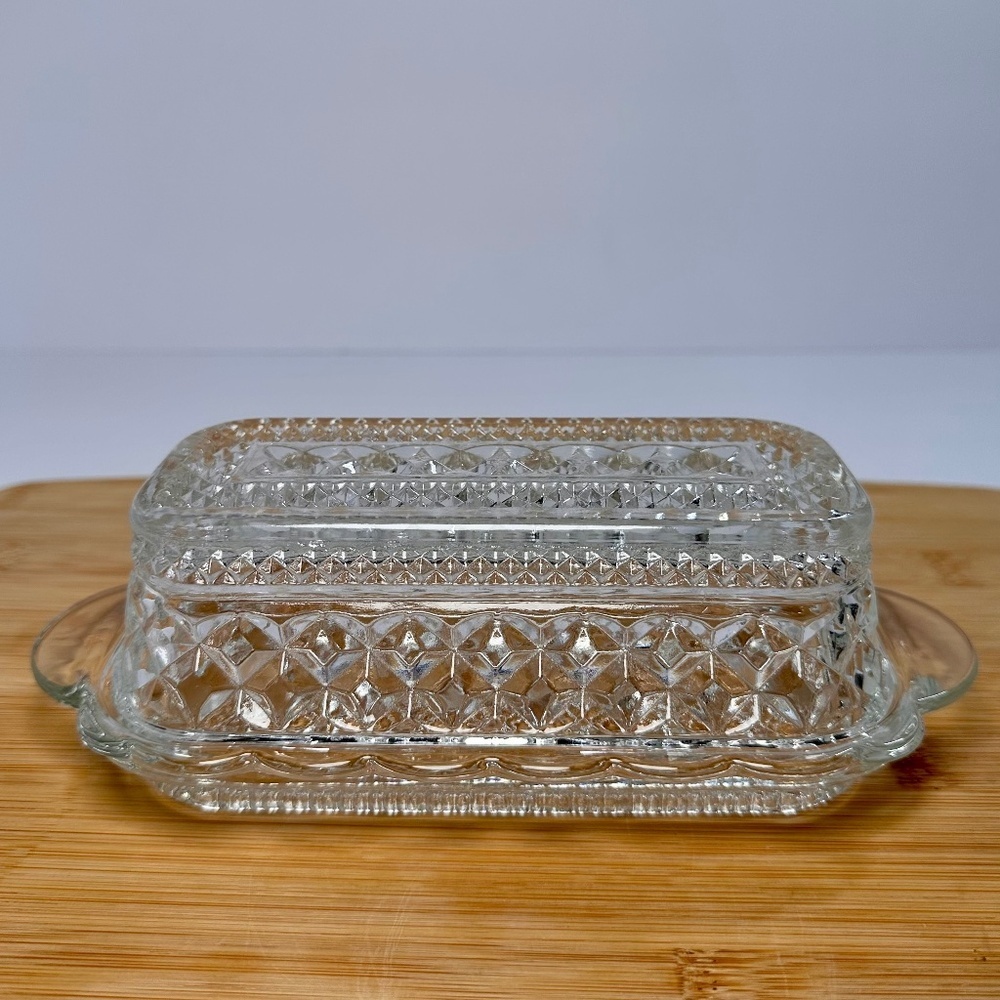 Vintage Pressed Glass Butter Dish Diamond Cut Pattern